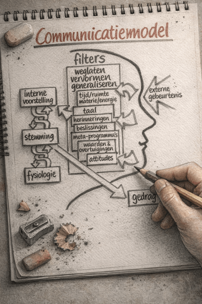 Handgetekend NLP communicatiemodel dat helpt bij mindset en beleggen. Het laat zien hoe een externe gebeurtenis via filters zoals overtuigingen, taal en herinneringen leidt tot interne voorstelling, stemming, fysiologie en zichtbaar gedrag.