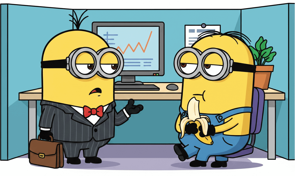 Twee Minions in een kantoorsetting, waarbij één Minion een banaan eet tijdens een serieuze uitleg.