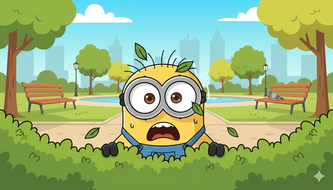 Minion die zich angstig verstopt in de struiken in een park voor maximale privacy.