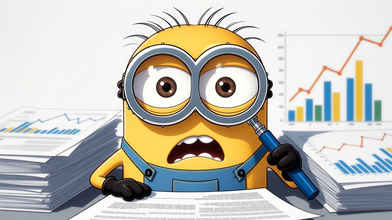 Minion met vergrootglas bestudeert aandachtig de algemene voorwaarden van Belegger Kees.