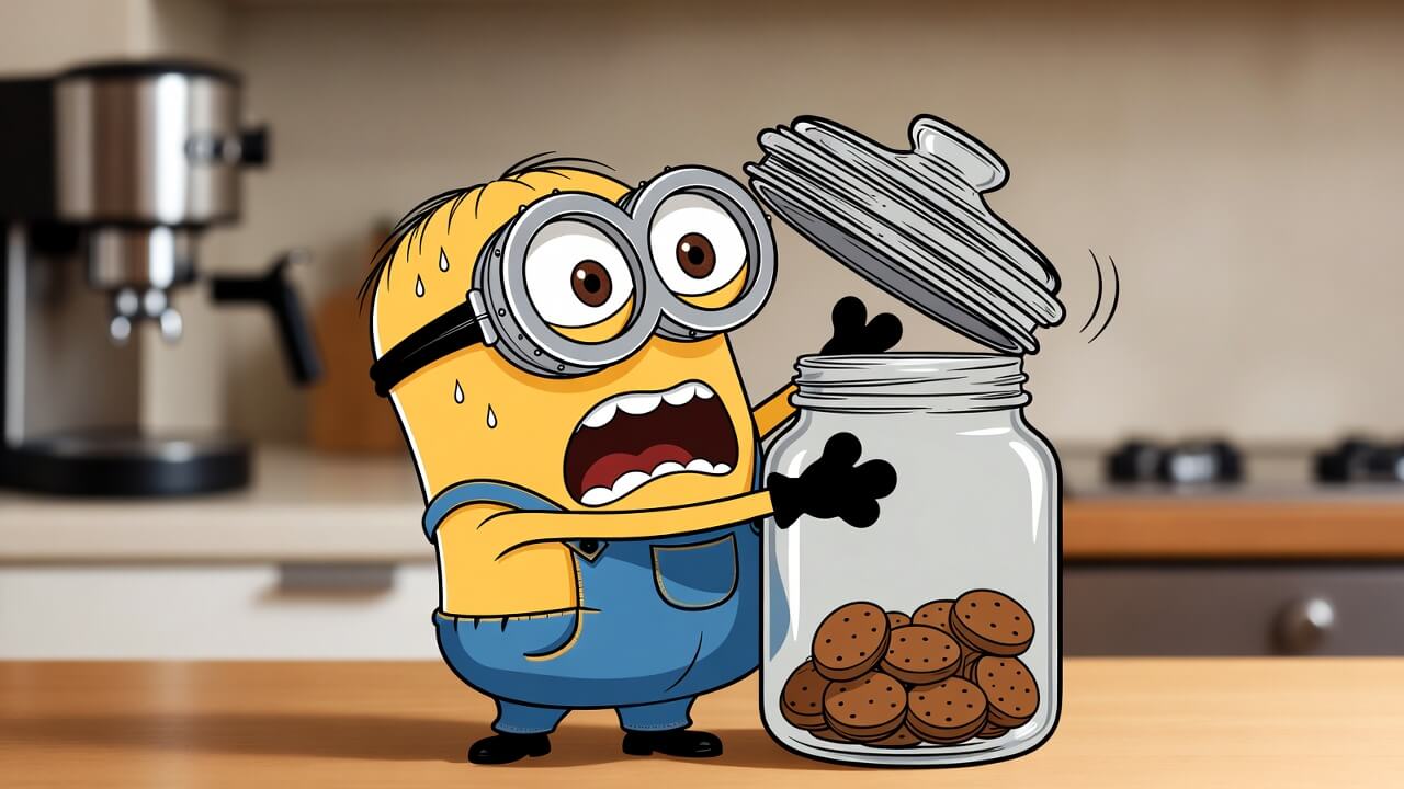 Zwetende Minion probeert een volle koektrommel (cookies) te openen voor het cookiebeleid.