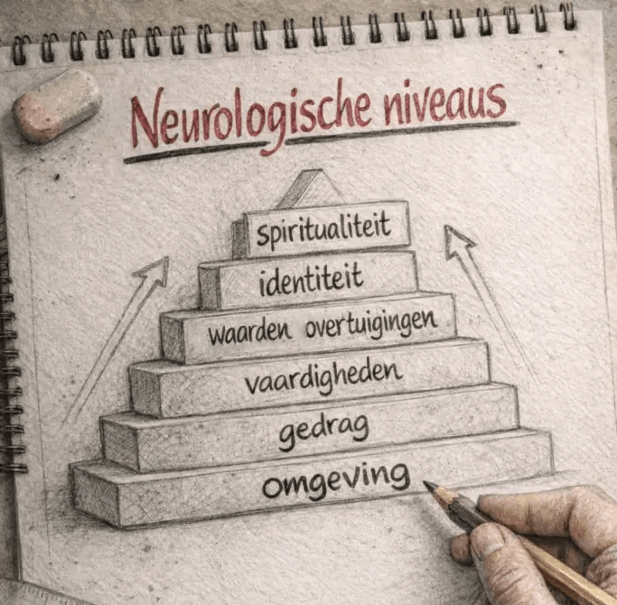Handgetekende NLP illustratie van de neurologische niveaus met lagen: omgeving, gedrag, vaardigheden, waarden en overtuigingen, identiteit en spiritualiteit.